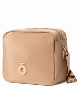 H152 NOBO mała torebka listonoszka miękka nylonowa szeroki pasek beż 